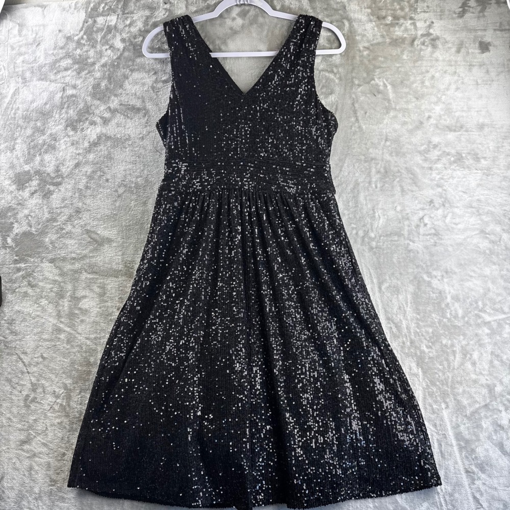 Draper James RSVP Dress Womens 8 Black Sequin V-Neck Sleeveless Fit Flare (1778)